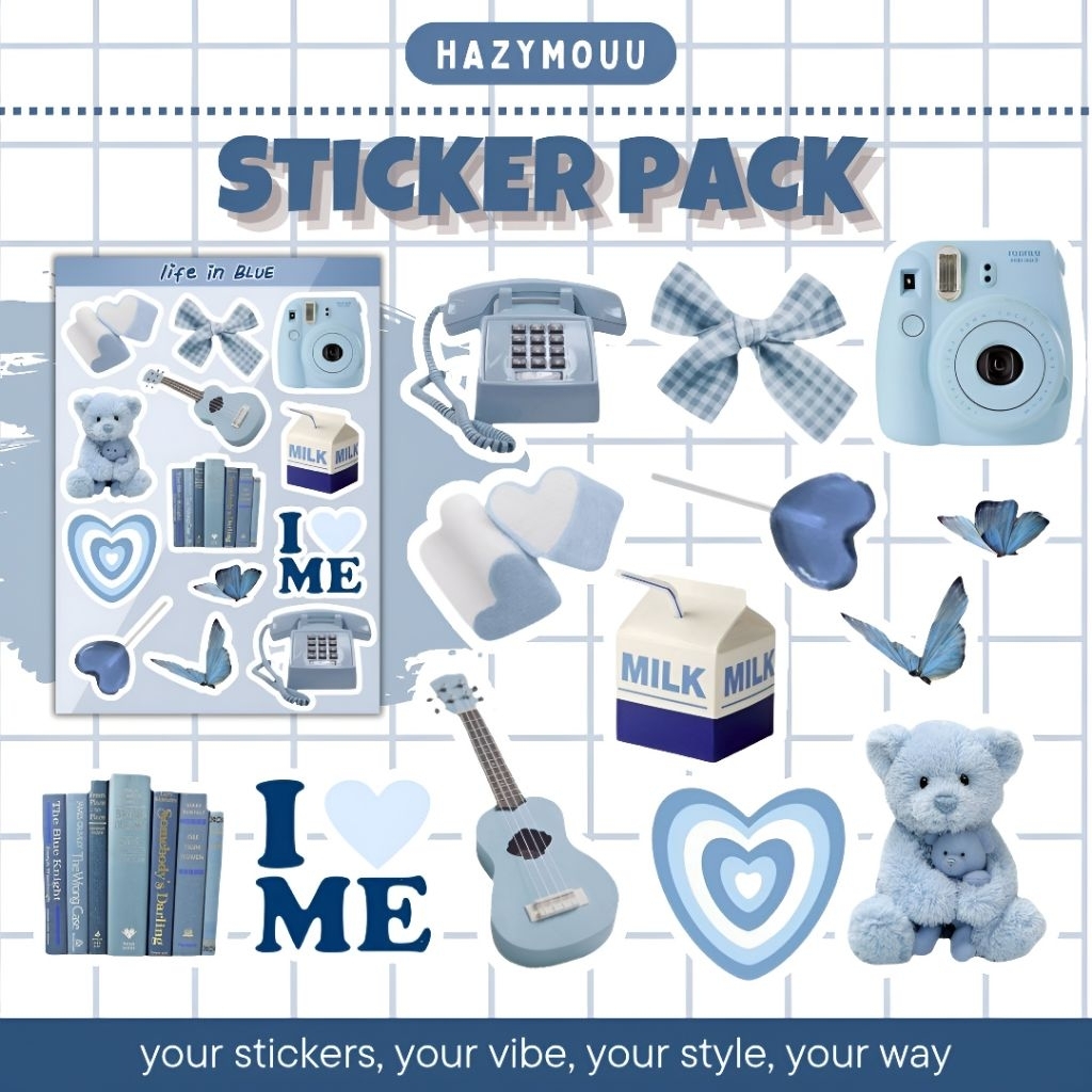 Sticker Deco Blue Edition | Sticker Pack Aesthetic | Stiker Waterproof Laptop HP Tumblr | HazyMouu