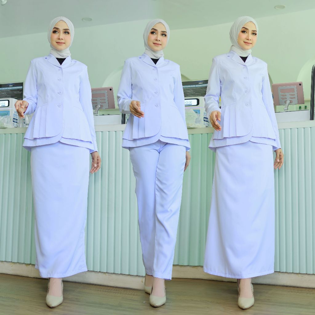 Baju Dinas Kerja Perawat Putih-Putih Rempel Bawah Wanita Setelan Rok Span/Rok.A/Celana Panjang Katun