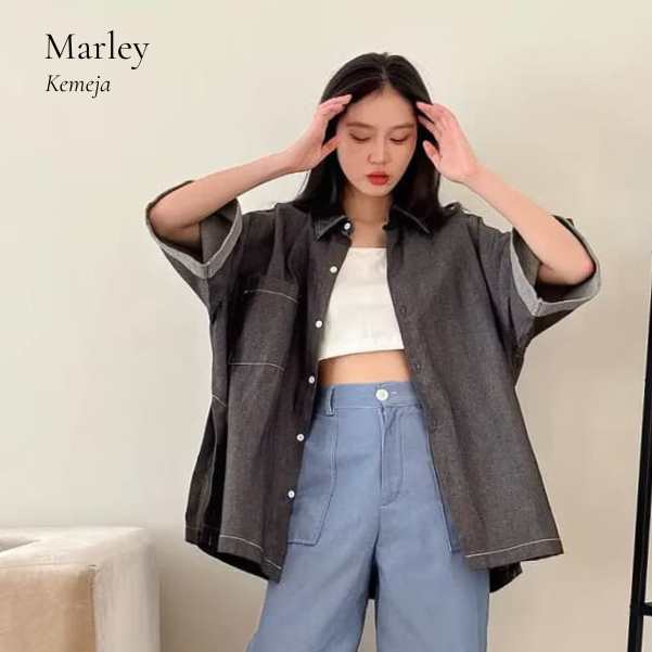 Kemeja oversize lengan pendek crepee/swiding soft jeans/ kemeja marley Outif Casual Wanita Dewasa Ke