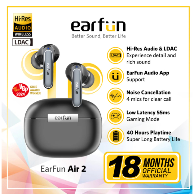 NEW EarFun Air 2 - Black - Hi-Res LDAC budget TWS with APP Support