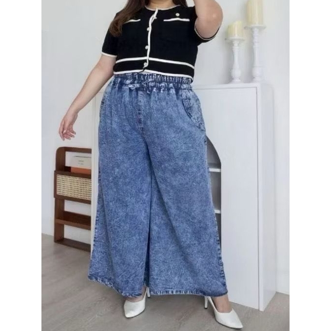 CELANA KULOT JEANS JUMBO MUAT BB 100kg | SNOW TALI SERUT | KULOT LIPAT JEANS PINGGANG FULL KARET
