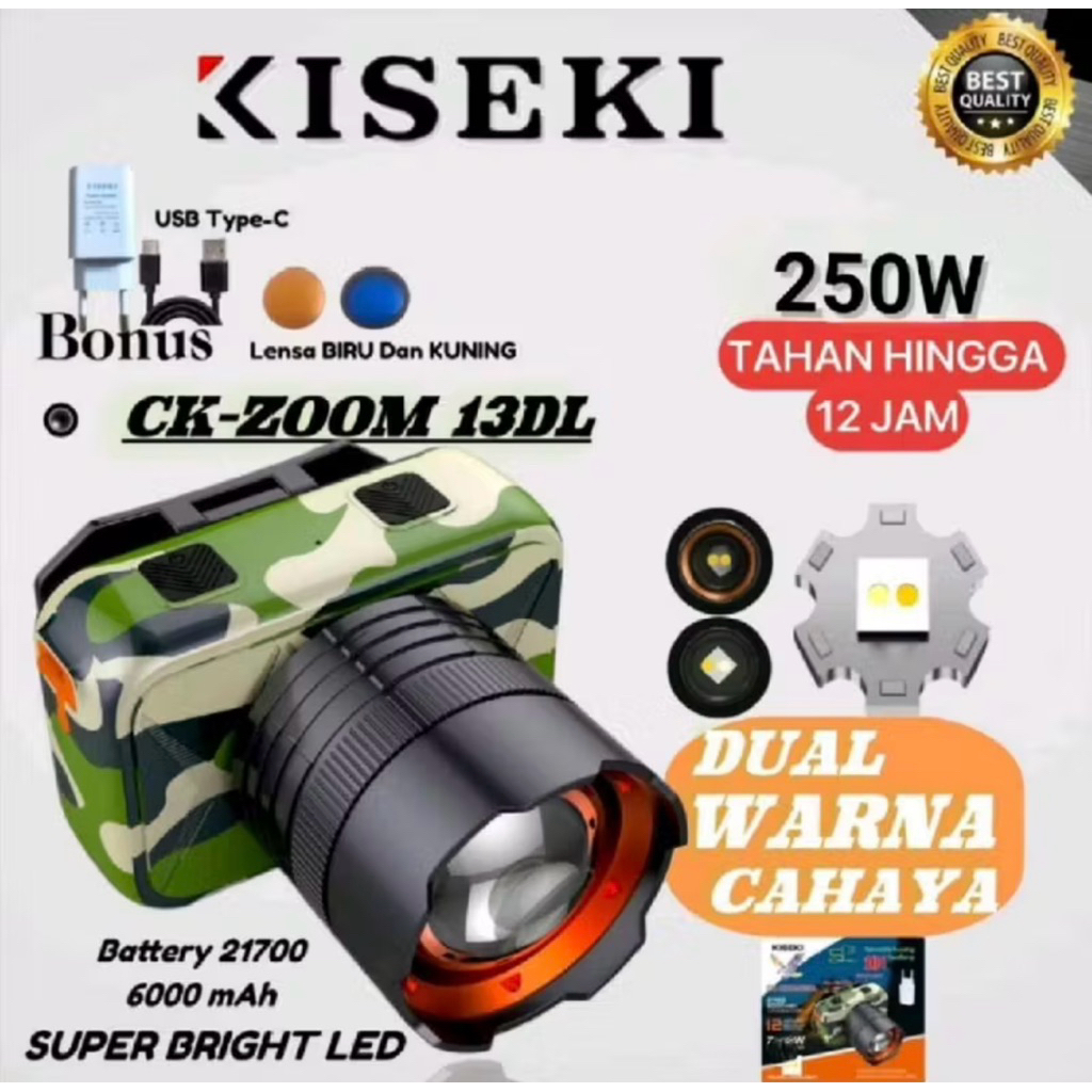 Kiseki Senter  Zoom Dual Cahaya Putih & Kuning 250 Watt Super Bright LED CK-ZOOM 13DL Baterai 6000mA