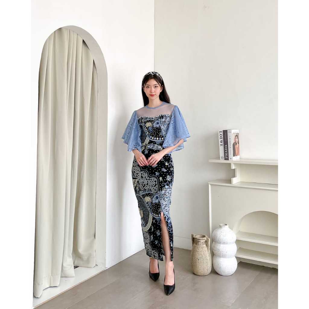 Stilisto COD [k] Dress Priscilla Batik Modern Wanita Elegan Long Dress Brokat Lengan Lebar Fashion D