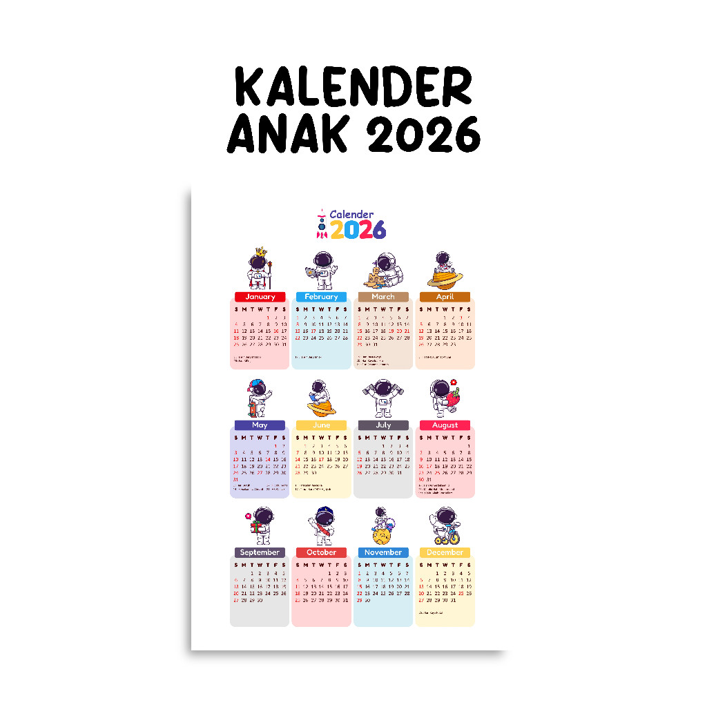 Kalender Anak 2026 Dinosaurus Kalender Hewan Musang Kalender Astronaut Kalender Hewan Purba Calendar