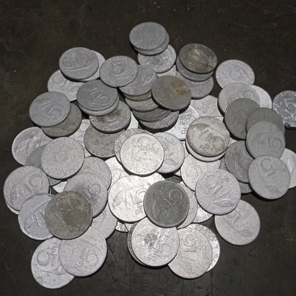 uang koin kuno 5 rupiah burung tahun 1970 bekas jelek asli