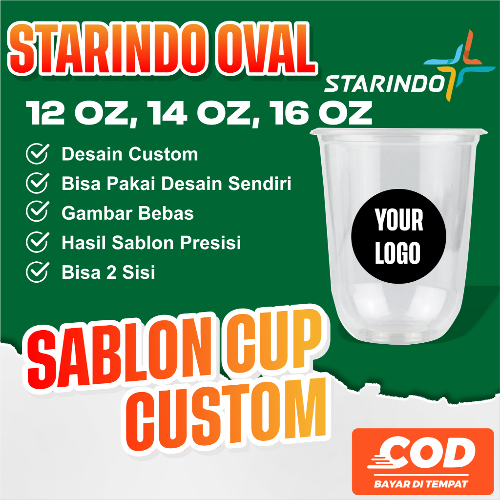 Sablon Custom Cup Starindo Oval 12 OZ, 14 OZ dan 16 OZ berat  8 gram, Custom Cup Starindo Oval