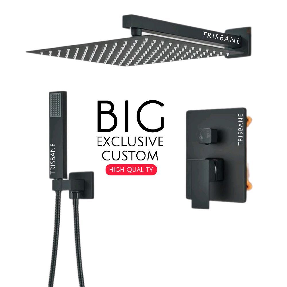 Shower Set Hitam Big Size 10 Inch Wall Shower Mandi Tanam Premium Black Keran