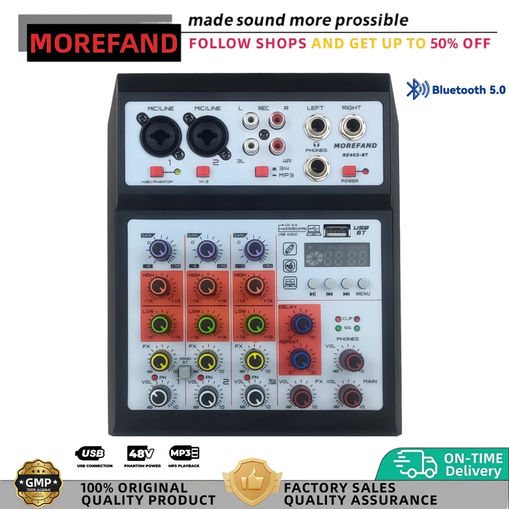 MOREFAND RE-403 Audio 4-chanel mixer profesional Mendukung USB/Electro Bluetooth 12V~48V Phantom Pow