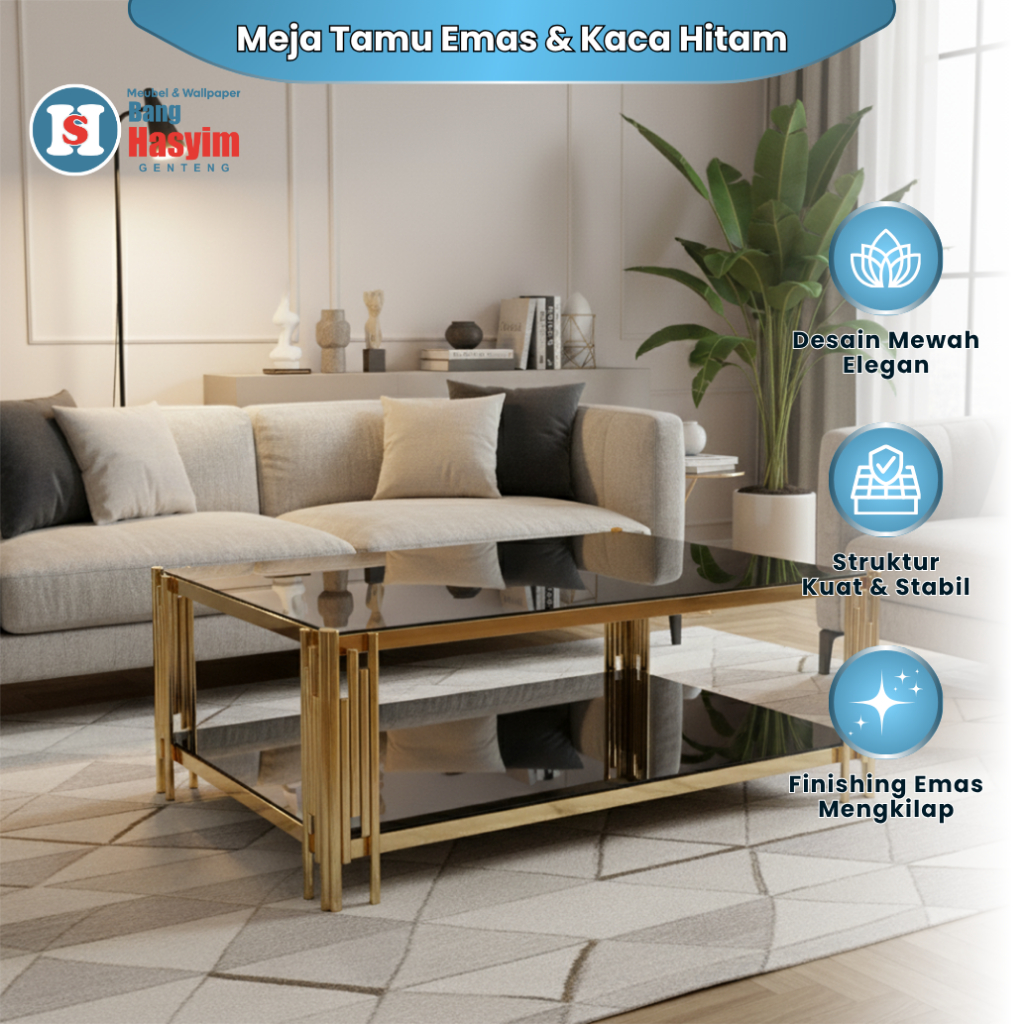 BANG HASYIM Meja Tamu Emas Kaca Hitam Meja Tamu 2 Tingkat Meja Ruang Tamu Moden Minimalis Meja Tamu 
