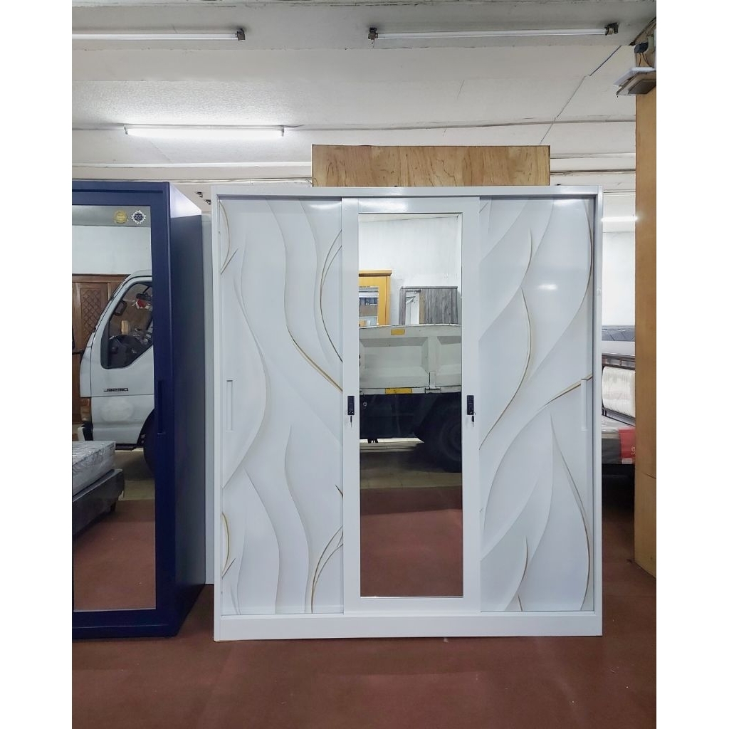 Lemari Pakaian Besi 3 Pintu Sliding Cermin - Rak Baju Pintu Geser Kaca Miror