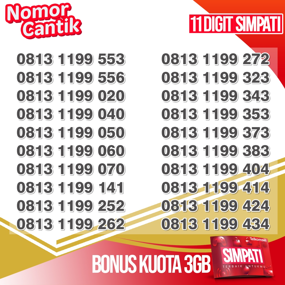 Nomor Cantik Telkomsel SIMPATI 11 Digit 3GB Kuota Nasional Batch 2