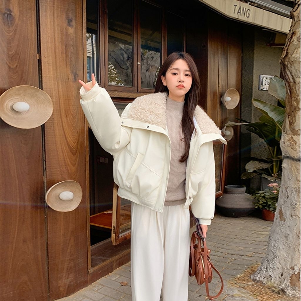 (COD) JAKET SEMI KULIT WANITA,JAKET KULIT KERAH BULU,JAKET KULIT WANITA SINTETIS,JAKET KULIT OVERSIZ