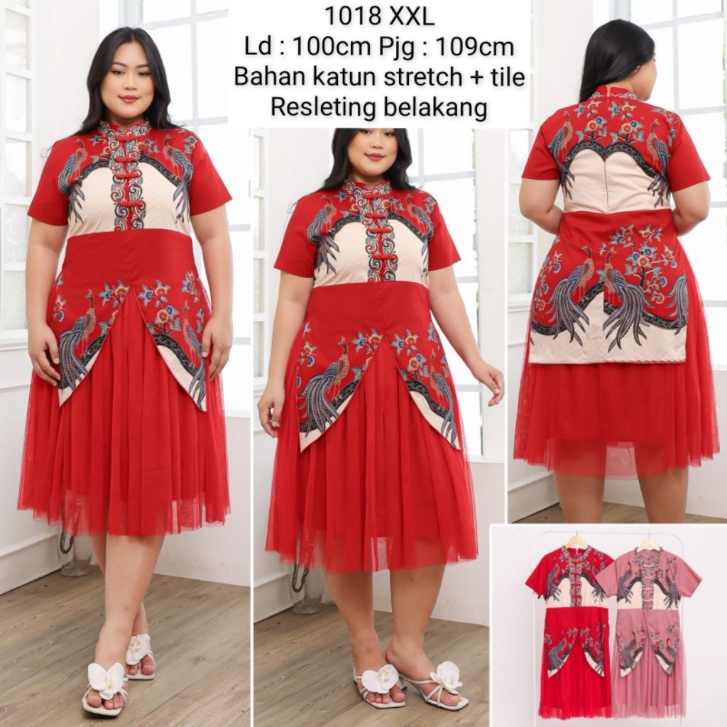 1018 Dress Batik Edisi Imlek Jumbo Bahan stretch Dress jumbo wanita