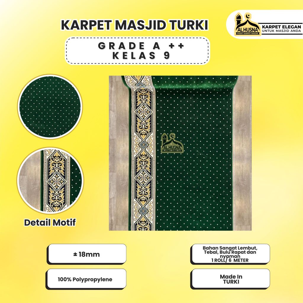Alhusna Kerpet Masjid - Karpet Masjid Empuk 1 Roll AL Hijaz Hijau Bintik / Merah Bintik / Sajadah Mu