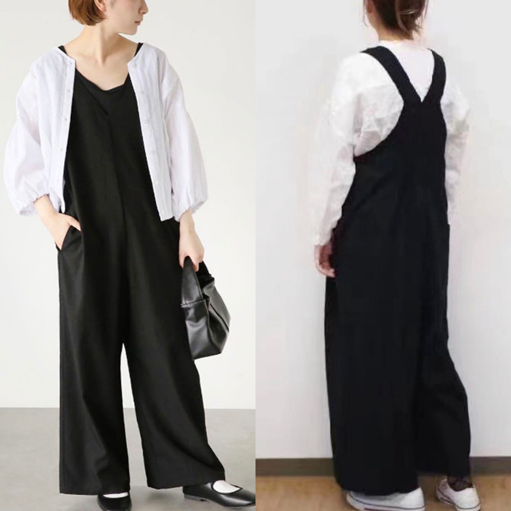 OVERALL JUMPSUIT KULOT LINEN PREMIUM HITAM V BACK KOREA IMPORT