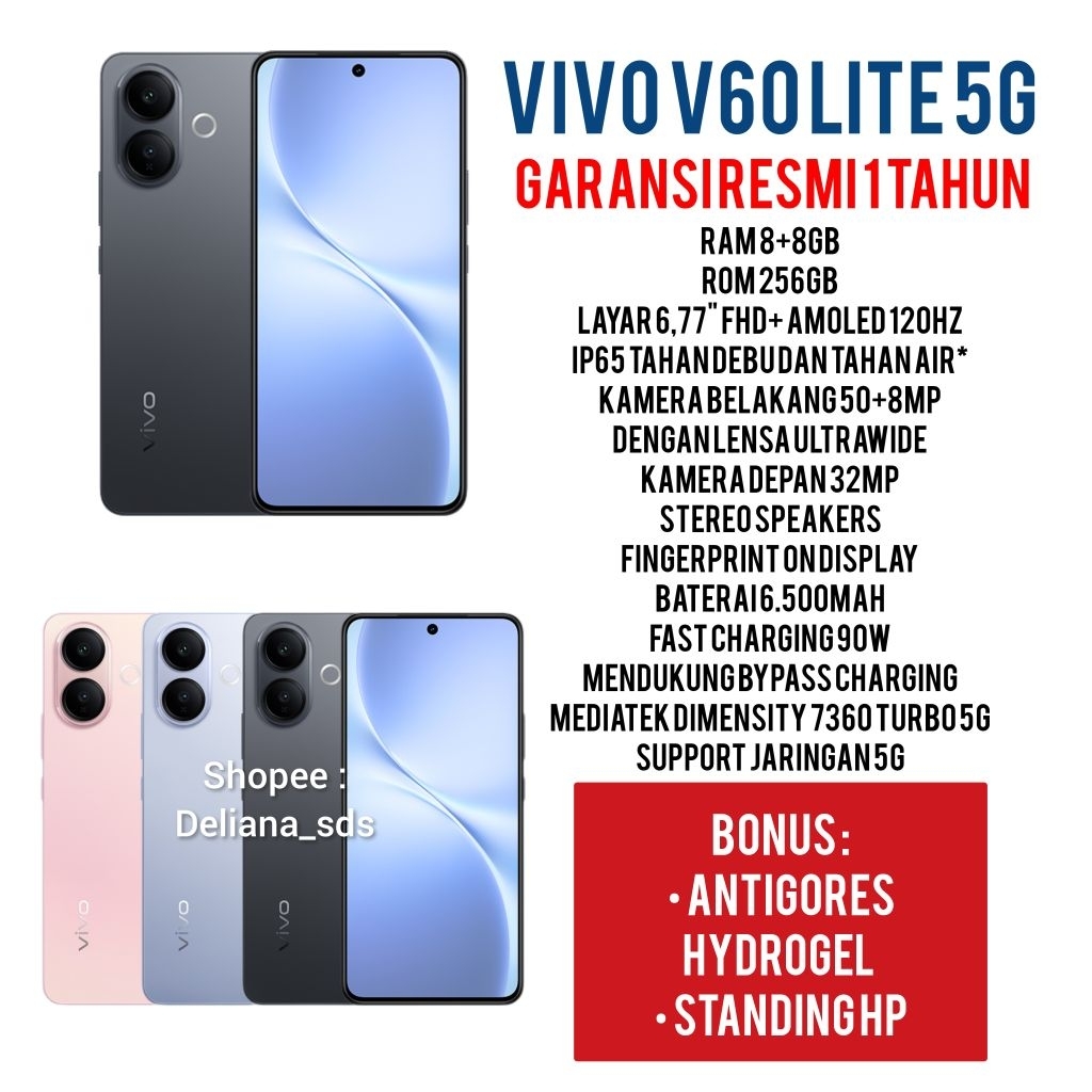 Vivo V60 Lite 5G 8/256 8+8/256 16/256 Garansi Resmi 1 Tahun Vivo V60 Lite 5G 8+8/256 Vivo V60 Lite 5