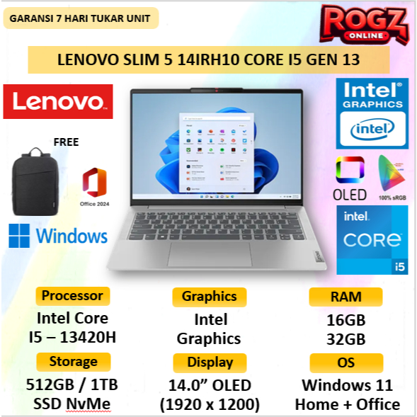 Lenovo IdeaPad Slim 5 OLED I5 13420H 32GB 1TB SSD W 11 + OHS 14 Inch OLED Ideapad Slim 5i 14IRH10