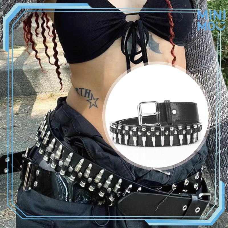 Sabuk Gaya Rock Unik Rivet Berongga Peluru Sabuk Kulit Punk untuk Pria Wanita Menahan Celana dan Tam