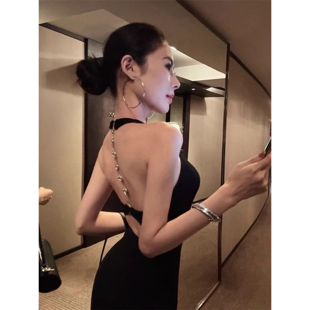 Sexy Longdress Backless With Unik Gold Chain | Gaun Panjang Wanita Elegant Korean Style Terbaru - D4