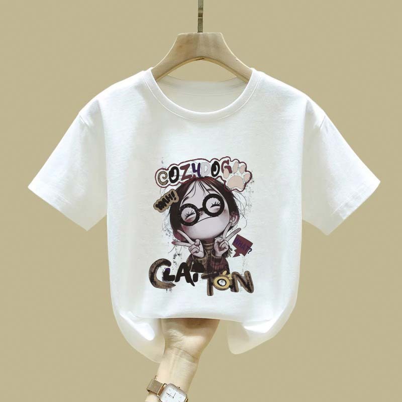 JiOJiO Pola cetak kacamata gadis kecil dengan kepribadian gaya Korea pakaian anak baju anak perempua