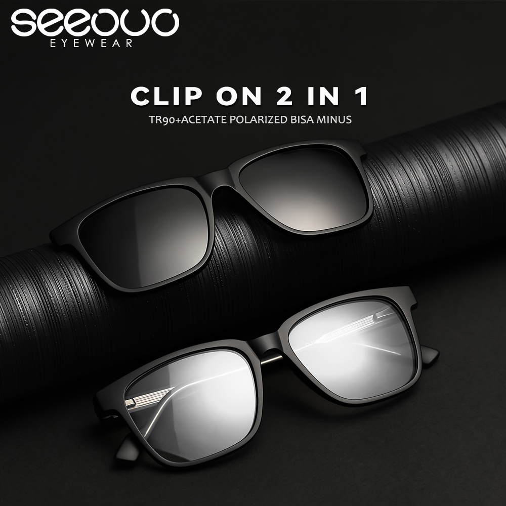 Seeouo Clip On Kacamata 2in1 Polarized Magnetic TR90+Acetate Anti UV Silau Bisa Minus Antiradiasi Bl
