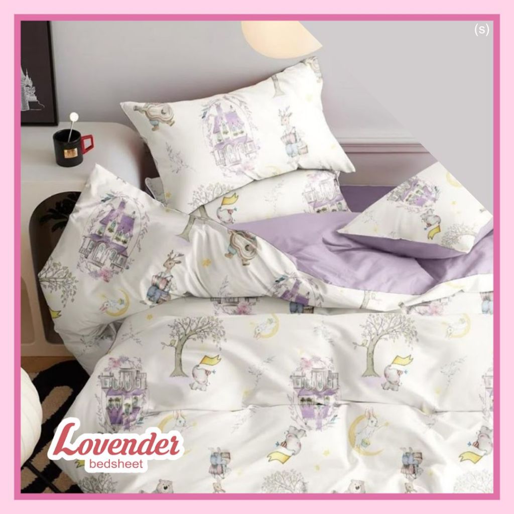 Sprei/Bedcover katun JEPANG putih elephant gajah rabbit bunny kelinci bulan pastel ungu lilac purple