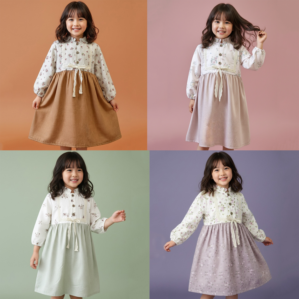 LALA- Dress Anak MIDI lengan panjang renda pita katun jepang