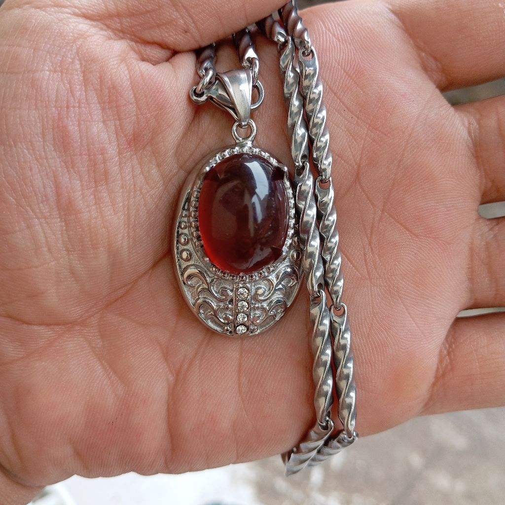 kalung liontin batu akik yaman api ring titanium dim 18x13mm