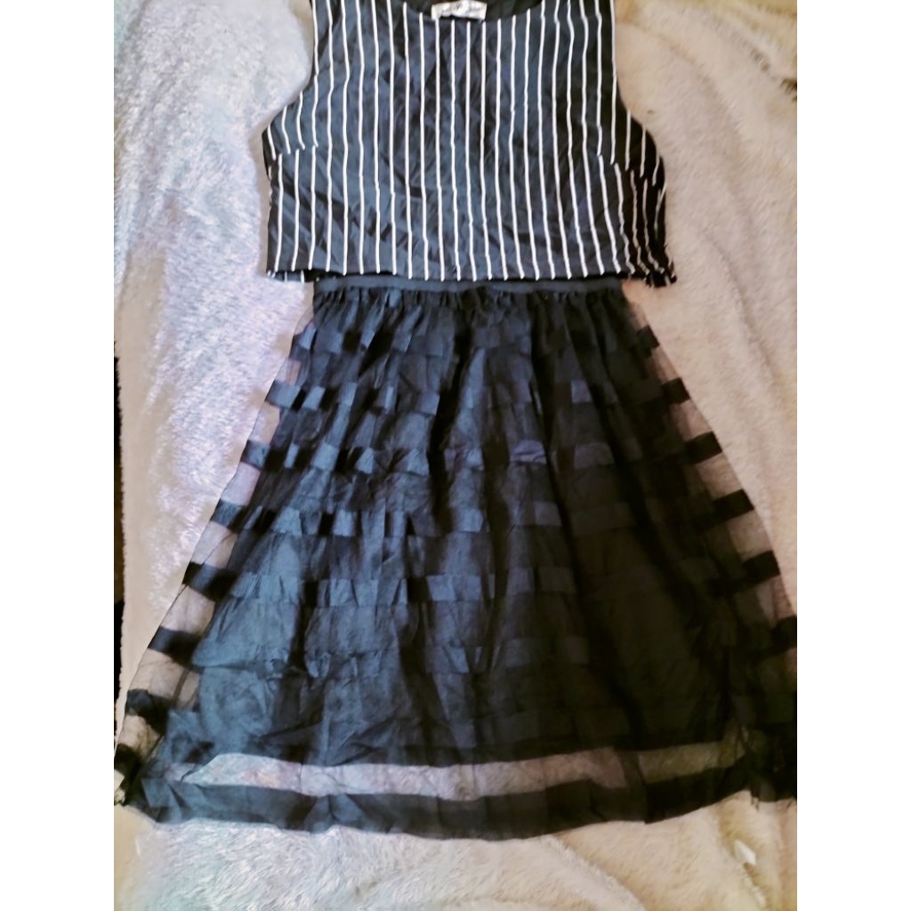 dress stripe garis tutu tile canda Korea kutung sleeveless tanktop sexy top atasan blouse rok skirt 