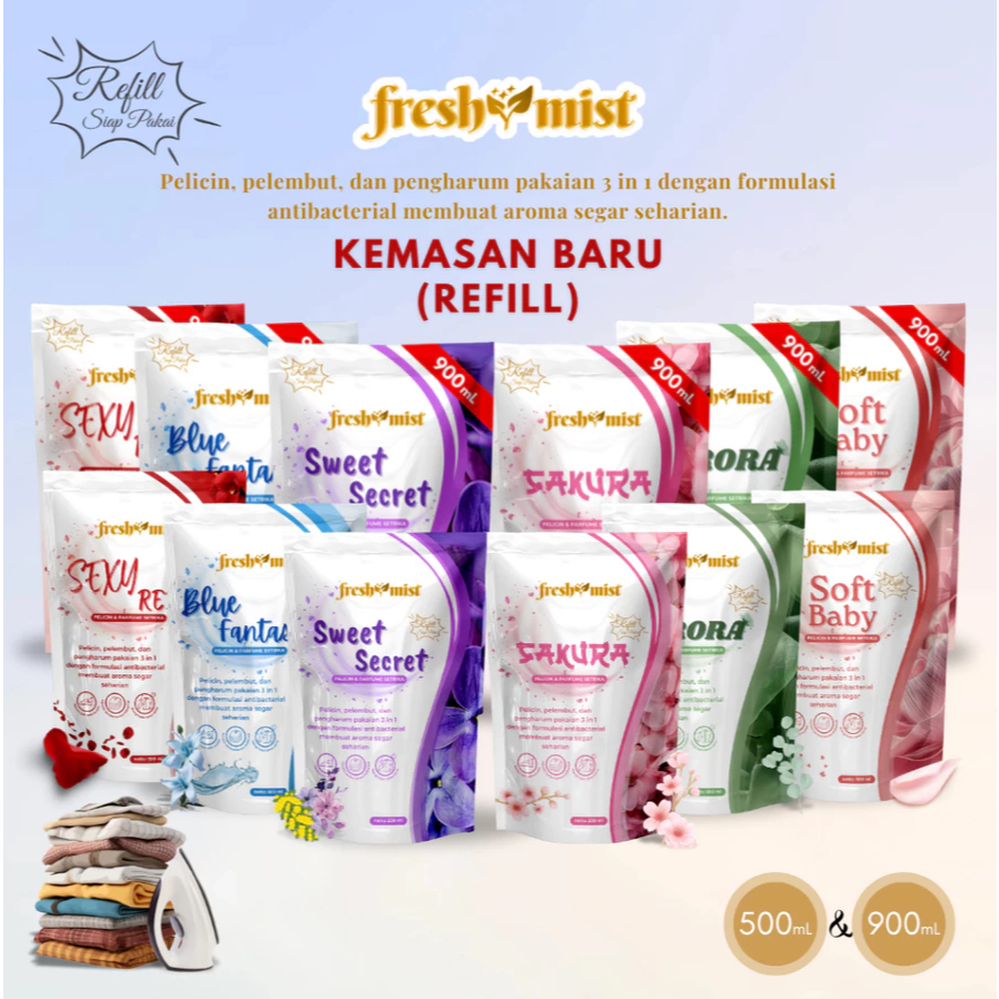 Parfume Laundry Super Grade A REFILL 900 ml & 500ml  PELICIN & PENGHARUM PAKAIAN Fresh Mist Tahan La