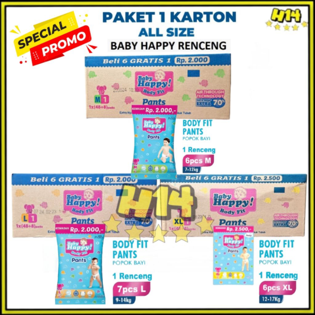 1 Dus Pampers Baby Happy Renceng M, L, & XL ( Isi 48 +8 Pcs )