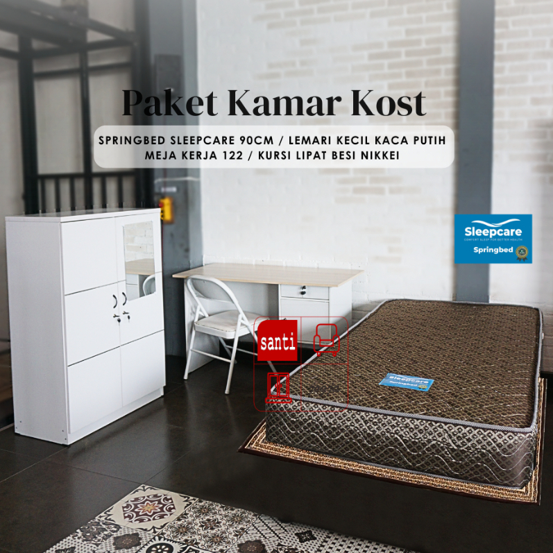 paket kost springbed sleep care 90cm+meja 122 +kursi lipat besi Nikkei+lemari kecil