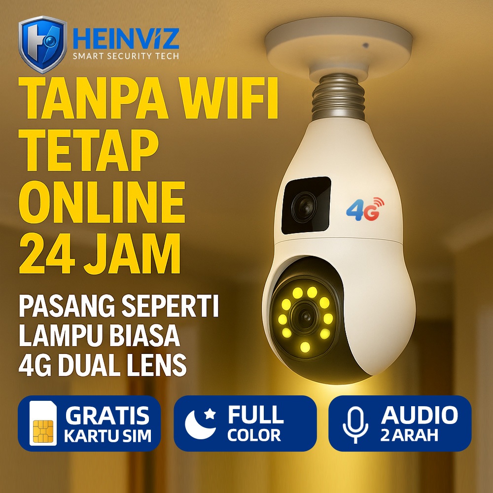 CCTV 4G Bulb Dual Lens Tanpa WiFi Kamera Rumah Mudah Pasang 1080P Malam Jelas Audio 2 Arah