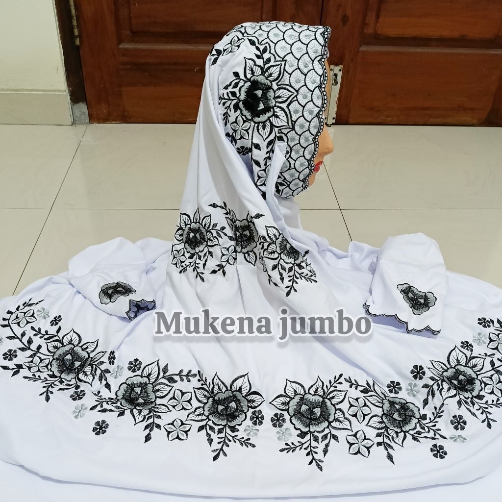 PRODUKSI SENDIRI MUKENA SUPER JUMBO TERUSAN BORDIR MOTIF BUNGA MAWAR KECIL WARNA PUTIH