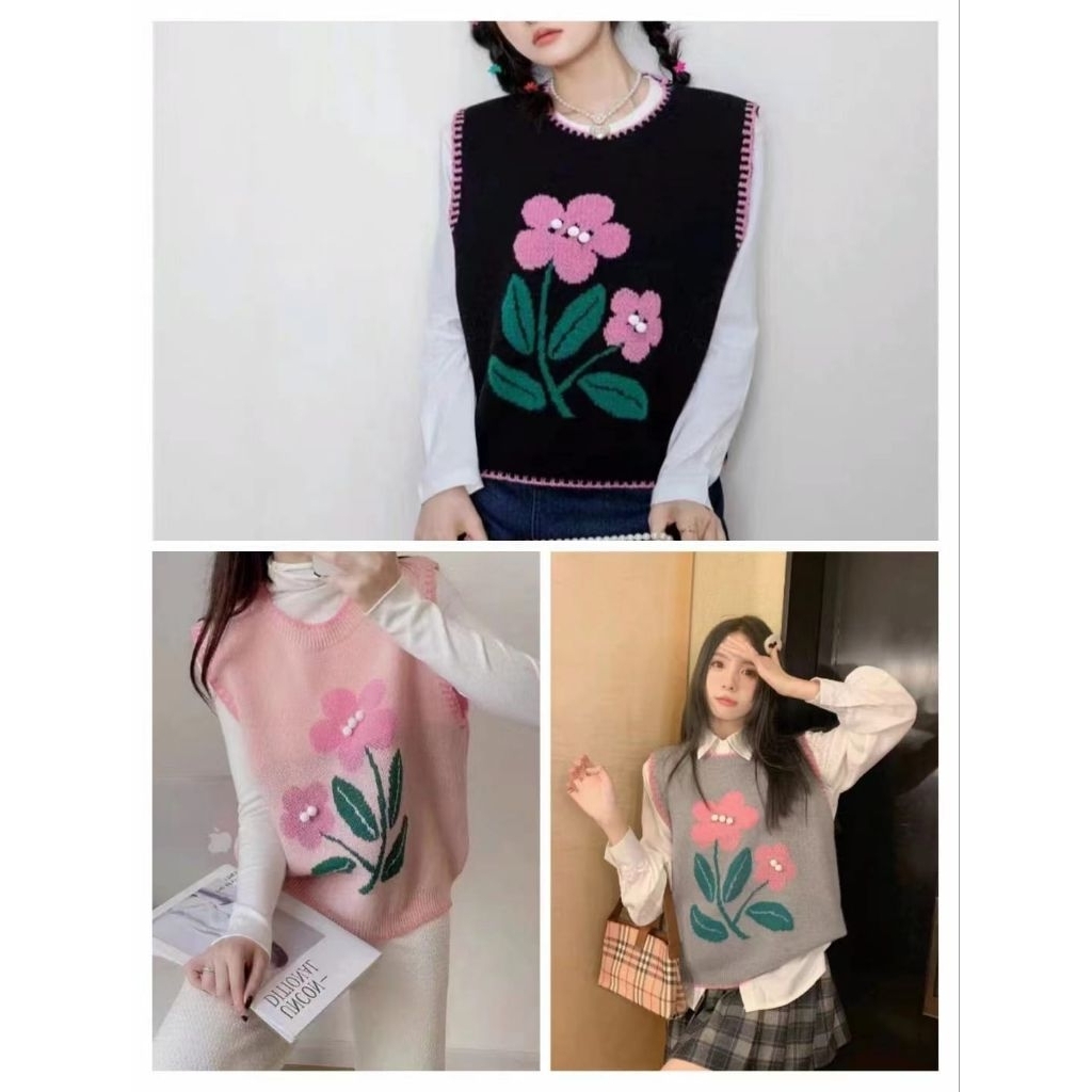 vest rajut knit wool motif bunga, rompi rajut