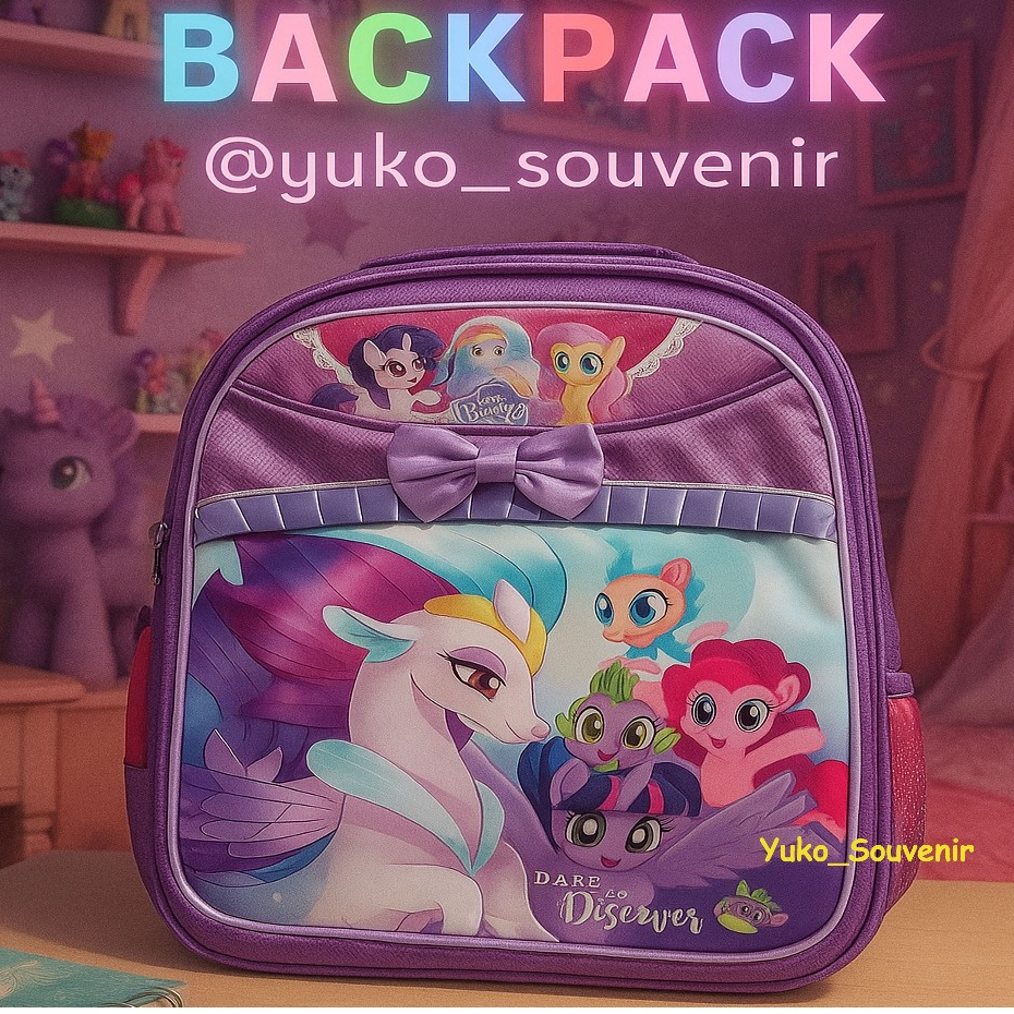 Tas Sekolah Anak Pony Tas Ransel My Little Pony Ungu Ukuran TK Kantong Depan Pita