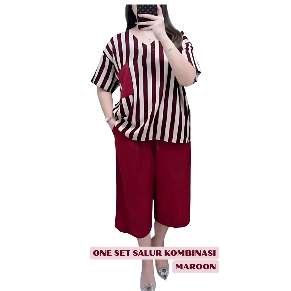 TERMURAH PAKET 3PCS Setelan Kombinasi Salur Plus Kantong One Set Jumbo Lengan Pendek Katun Rayon