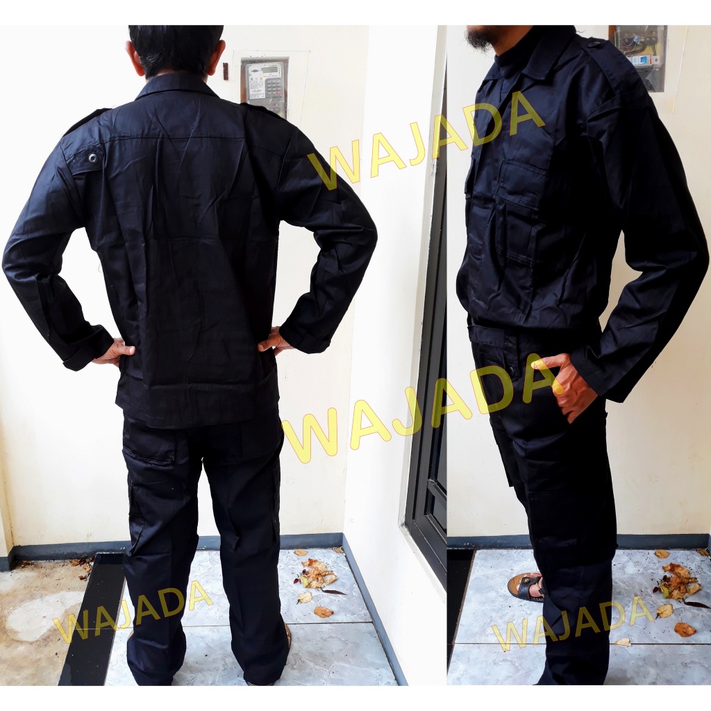 Seragam PDL Hitam Brimob Bahan American Drill Baju Setelan PDL Hitam Seragam PDL Hitam