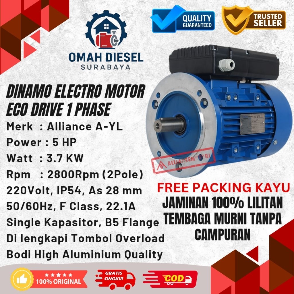 Alliance Dinamo 1 Phase 5 HP 3.7 KW 2800Rpm 100% FULL LILITAN TEMBAGA -- Electro Motor AYL Single Ca