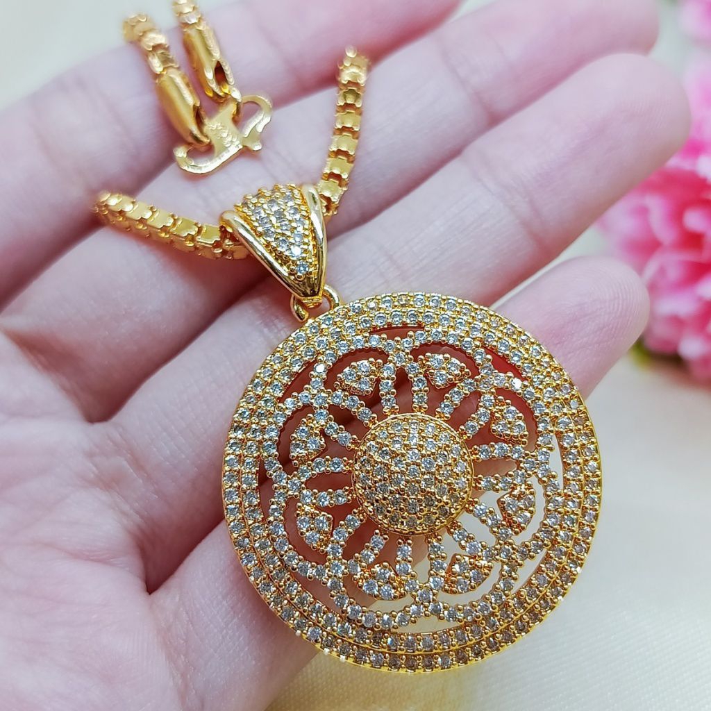 KALUNG RANTAI ITALI LIONTIN BULAT PERMATA ZIRCONE LAPIS EMAS 18K