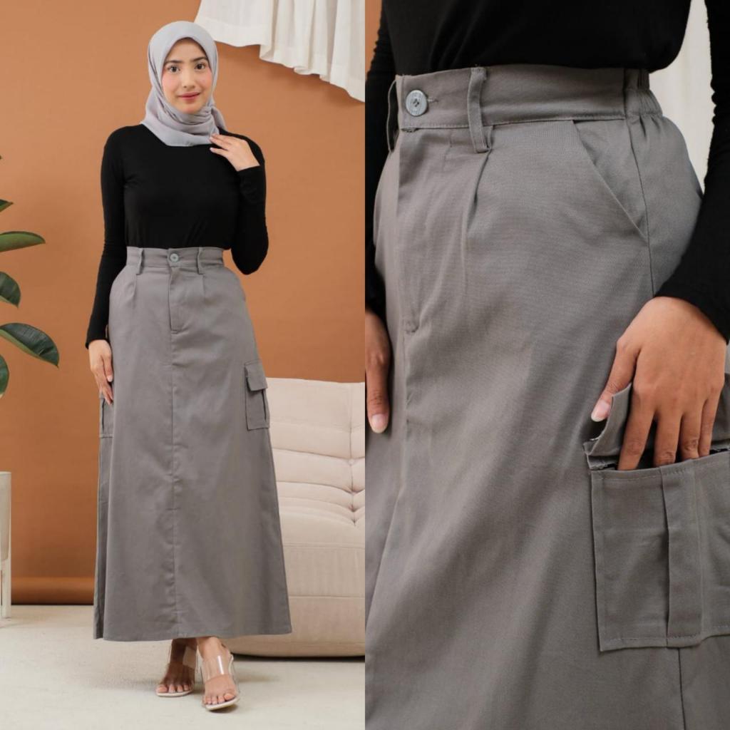 Rok Cargo Model A-Line Kekinian - Rok Wanita Jumbo Katun Twill Premium