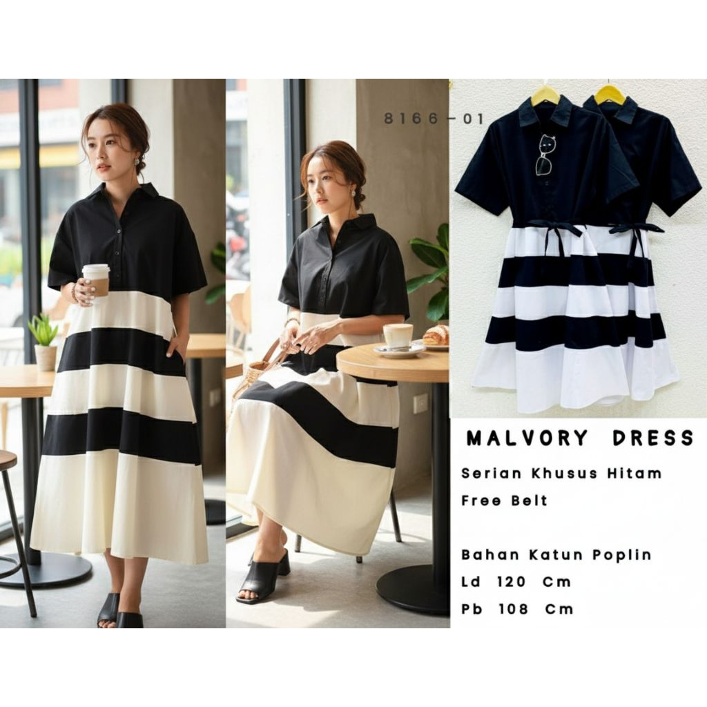 DRESS NATAL SALUR HITAM PUTIH KATUN POPLIN / MIDI DRESS KOREA FASHION OVERSIZE 3XL