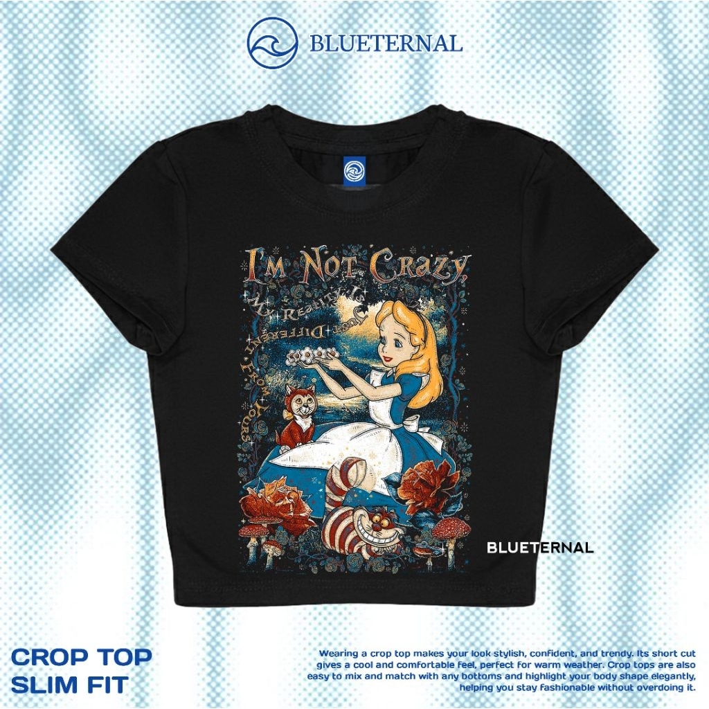 CROP TOP ALICE IN WONDERLAND CRAZY | CROP TOP HITAM | CROP TEE | CROP TOP | BAJU WANITA | KAOS WANIT