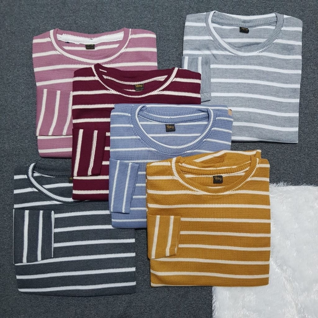 Kaos Wafer Salur Lengan Panjang // Kaos Stripe Lengan Panjang // Kaos Cewe Kekinian Korean Style