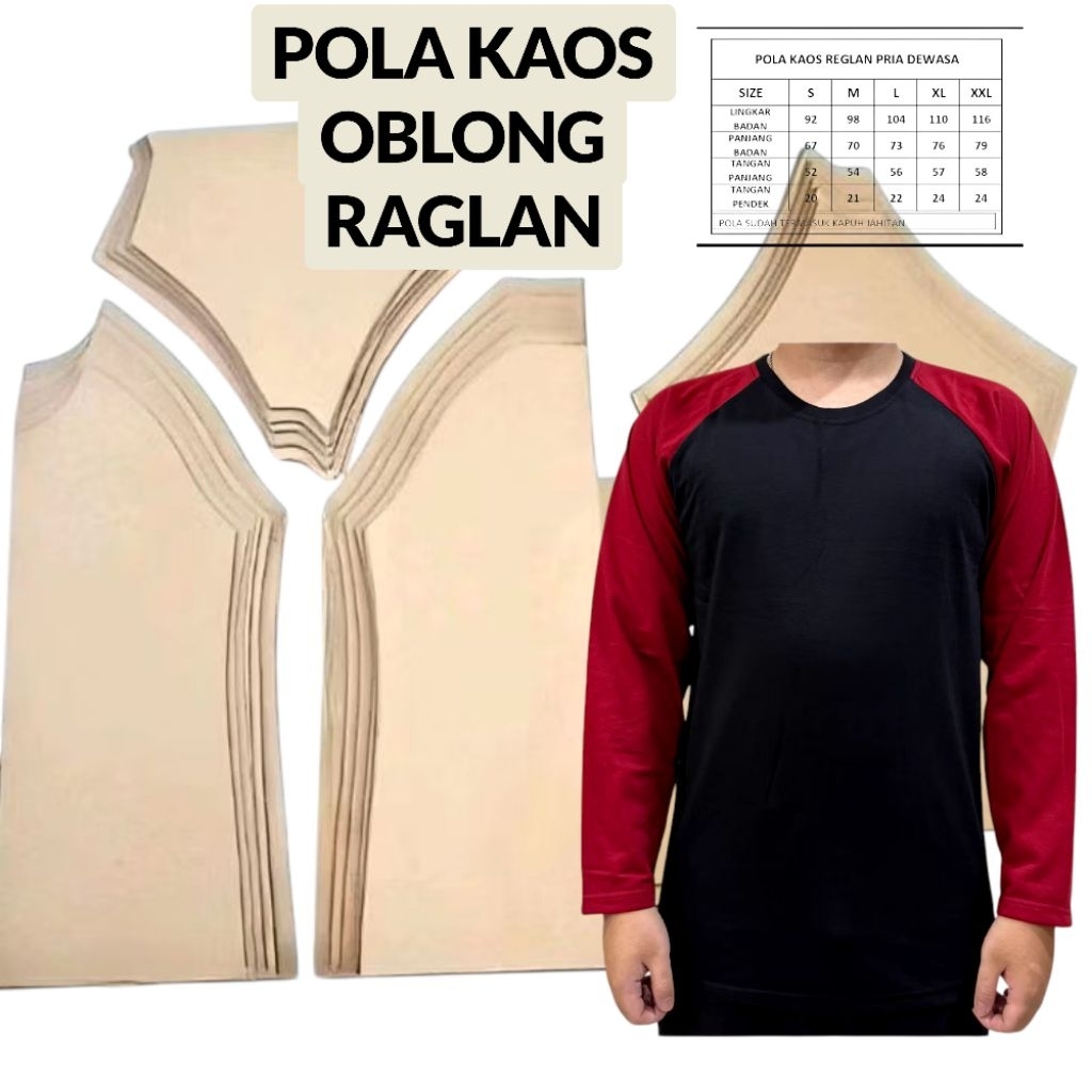 Pola Kaos Raglan Pria Dewasa Ukuran S-XXL