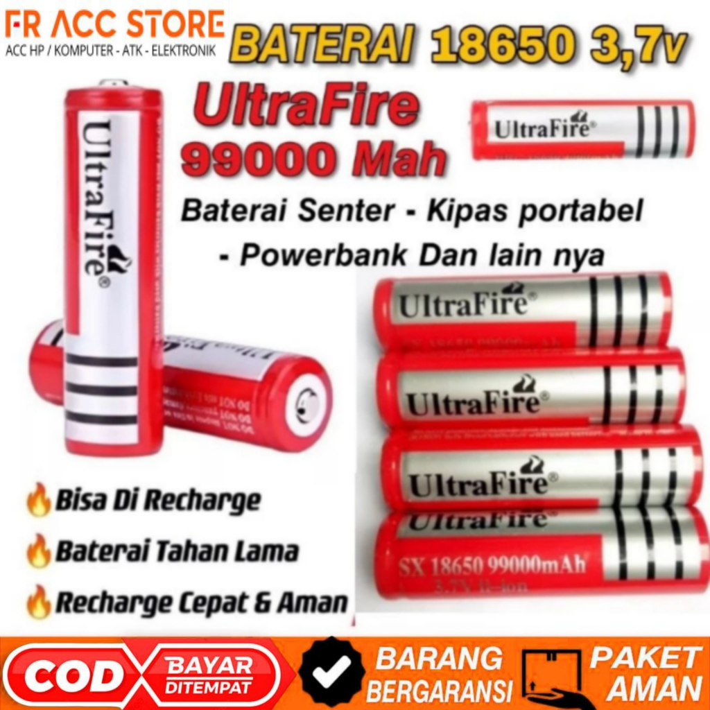 baterai 18650 ultrafire 99000mah 3,7v Baterai Cas Baterai senter kipas Dan aksesoris lain nya