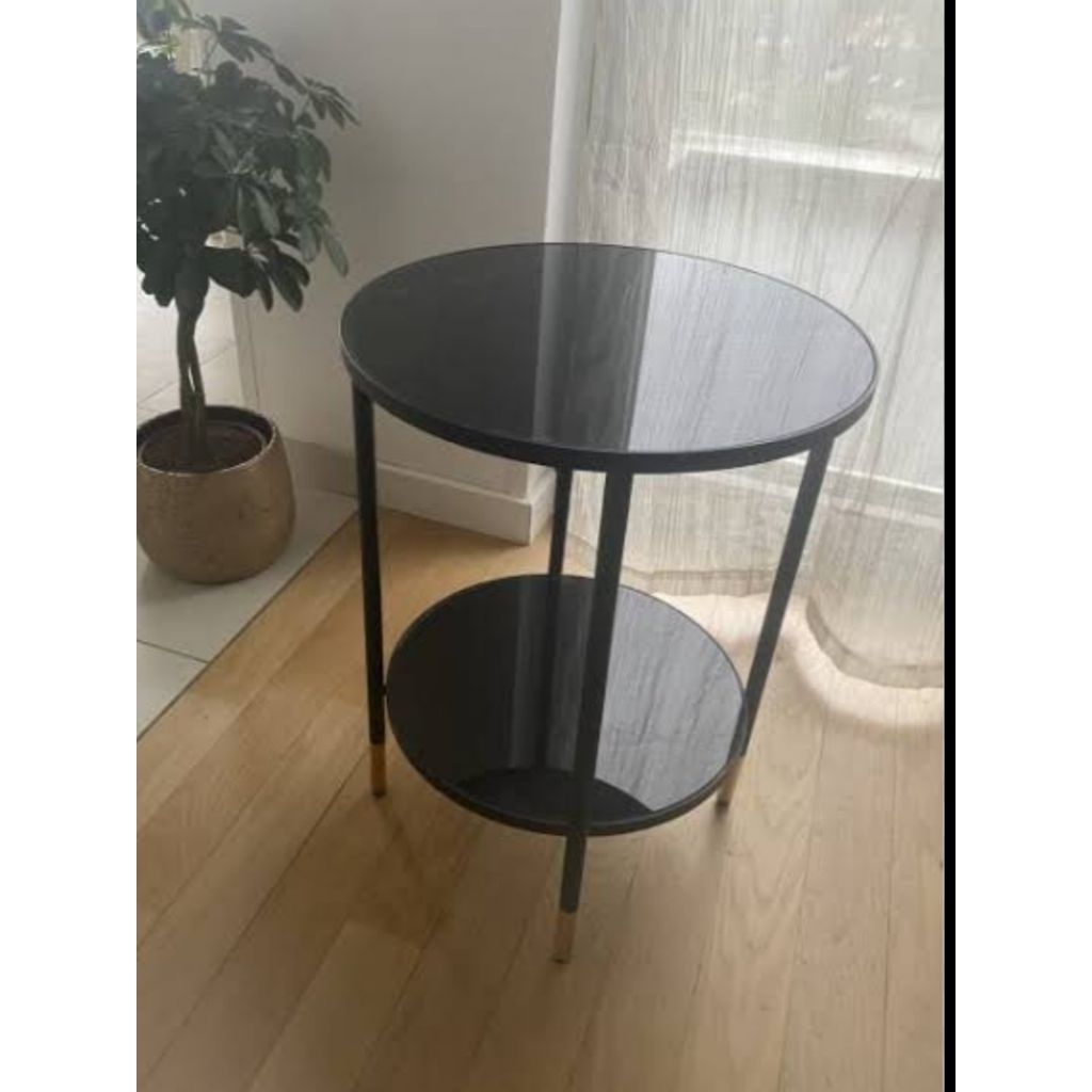 Meja kopi bulat 2 susun meja sudut ruangan meja tamu coffee table hitam kaca 45cm