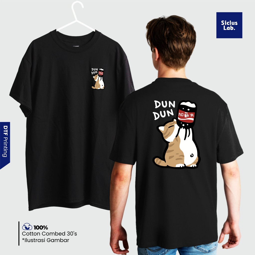 SICLUS LAB - Kaos Kasual Leher Kru Dundun Motif Kucing Minum Air Soda - Motif Hewan Lucu