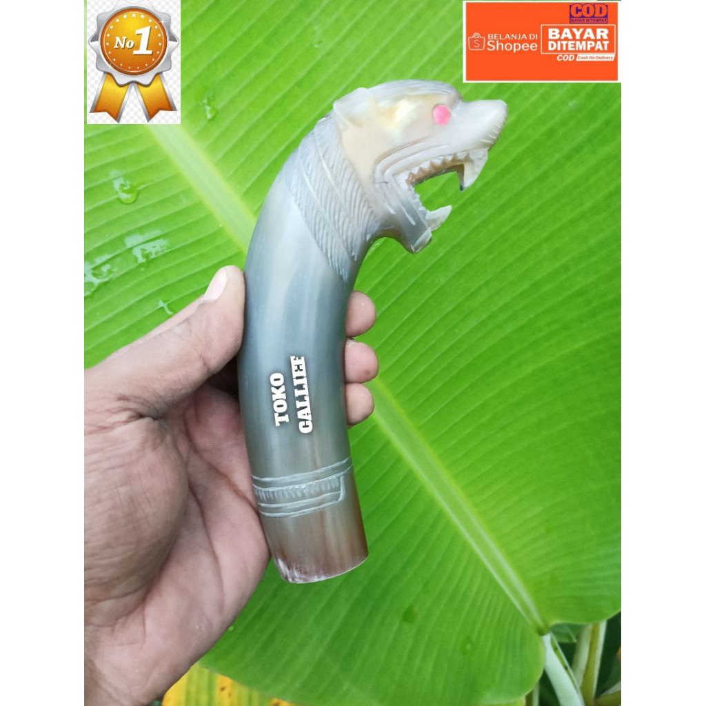 gagang buat golok bahan tanduk bule ukiran harimau