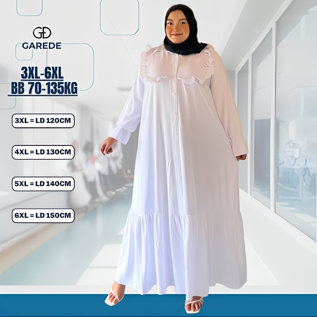 Garede - Gamis Jumbo LD 120 130 140 150 Crinkle Premium Abaya Lebaran Putih Mewah  Syari Terbaru